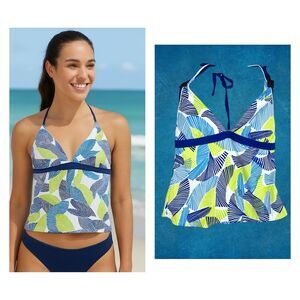 Nike Women’s Halter Swim Tankini Top Size 8 Blue Green Leaf Print EUC Padded